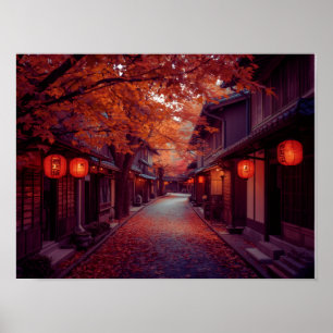 Kyoto Autumn Street with Lanterns – Japanese Water Poster