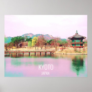 Kyoto Japan bridge with shrine travel print