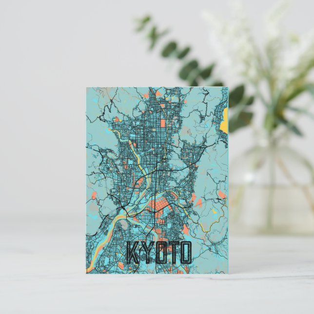 Kyoto Japan City Map Teal  Postcard (Standing Front)