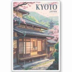 Kyoto Japan House Illustration Travel Art Vintage