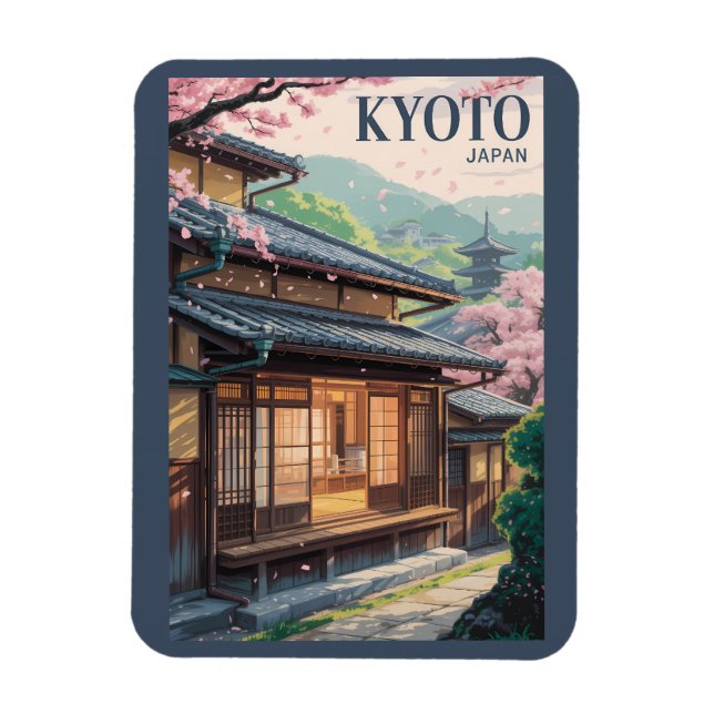 Kyoto Japan House Illustration Travel Art Vintage Magnet (Vertical)