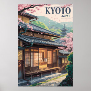 Kyoto Japan House Illustration Travel Art Vintage Poster
