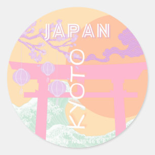 Kyoto Japan Travel Art, Orange Pastel Art  Classic Round Sticker