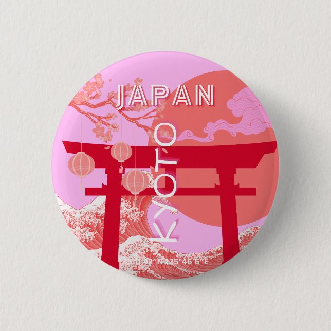 Kyoto Japan Travel Art, Pink Retro Travel Art 6 Cm Round Badge (Front)