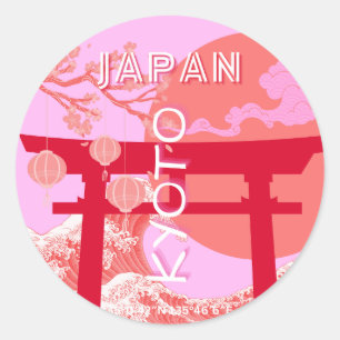Kyoto Japan Travel Art, Pink Retro Travel Art Classic Round Sticker