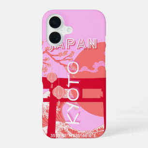 Kyoto Japan Travel Art, Pink Retro Travel Art iPhone 16 Case