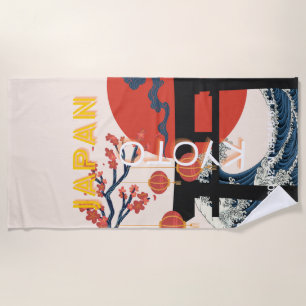 Kyoto Japan Travel Art, Retro Travel Art Beach Towel