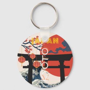 Kyoto Japan Travel Art, Retro Travel Art Key Ring