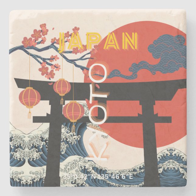 Kyoto Japan Travel Art, Retro Travel Art Stone Coaster (Front)