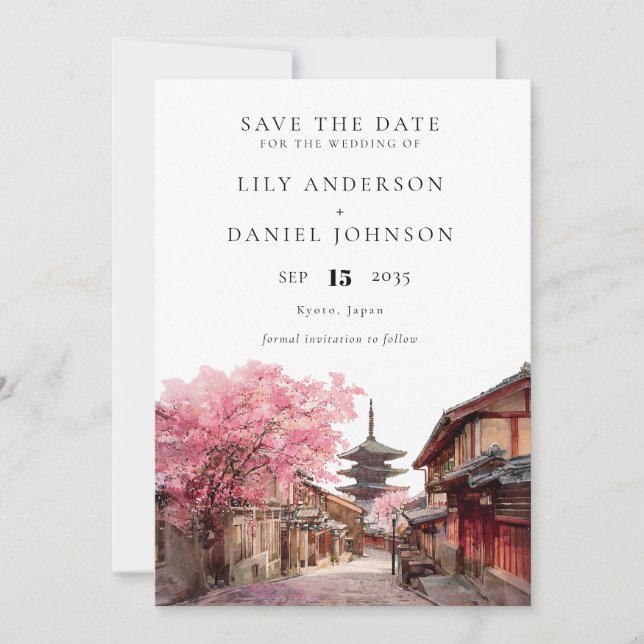 Kyoto Japan Watercolor Elegant Wedding Save The Date (Front)