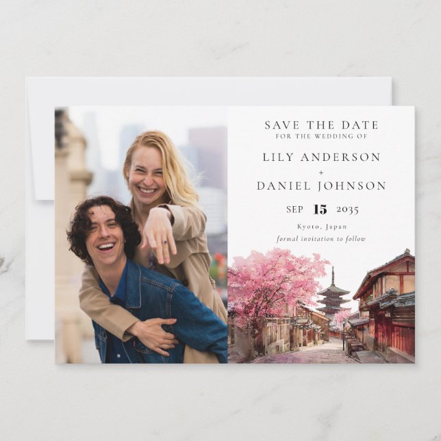 Kyoto Japan Watercolor Photo Wedding Save The Date (Front)
