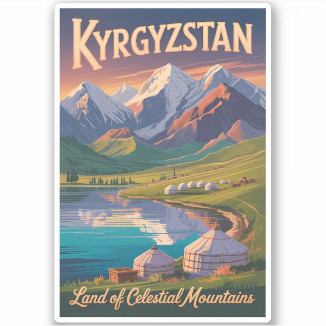 Kyrgyzstan Mountains Illustration Travel Art Vinta (Front)