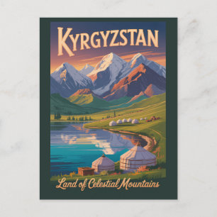 Kyrgyzstan Mountains Illustration Travel Art Vinta Postcard