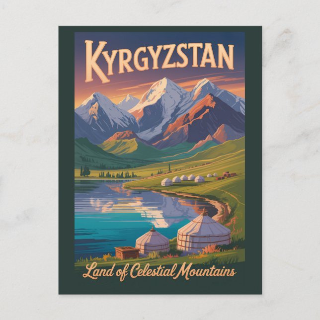 Kyrgyzstan Mountains Illustration Travel Art Vinta Postcard (Front)
