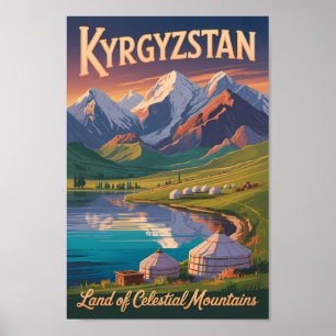 Kyrgyzstan Mountains Illustration Travel Art Vinta Poster