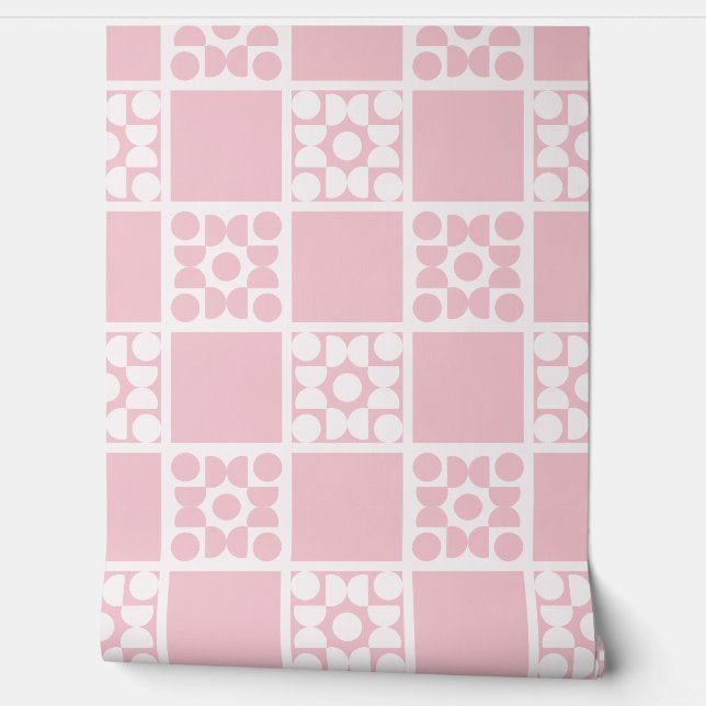(L) 2502223A Retro Geometric Tiles Pink Wallpaper (Unrolling)