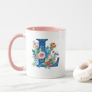 L blue monogram with flowers mug