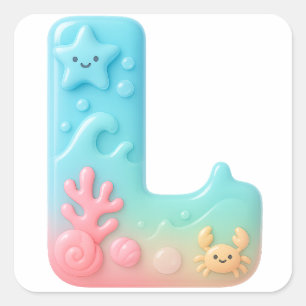 "L" Cute Letter - Underwater Sea Creature Square Sticker