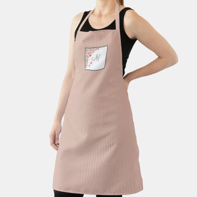 L Dust Peach Stripe Terracotta Butterfly Monogram Apron (Insitu)