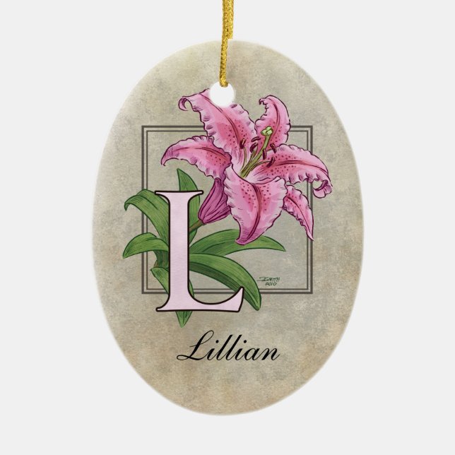 L for Lily Flower Monogram Ceramic Tree Decoration (Front)