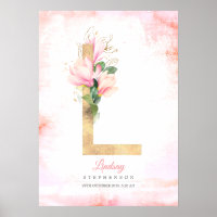 L Letter Monogram Gold Leaves Pink Magnolia Floral