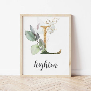 L Letter Monogram Greenery Nursery Name Wall Print