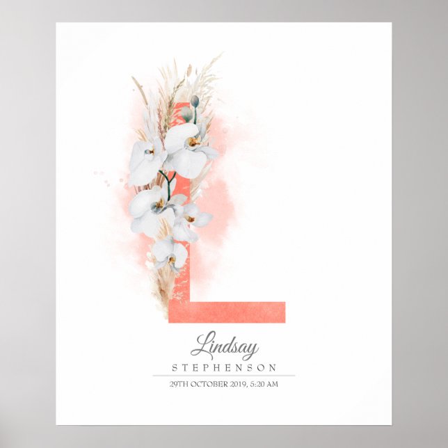 L Letter Monogram White Orchids and Pampas Grass Poster (Front)
