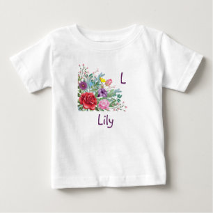 L Lily Personalise Letter Name, Rose Flowers Baby T-Shirt