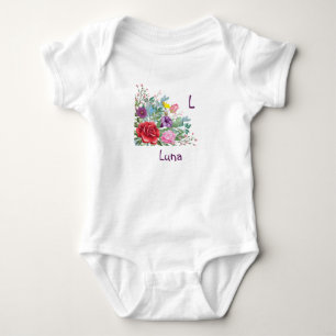L Luna Personalise Letter Name, Rose Flowers Baby Bodysuit