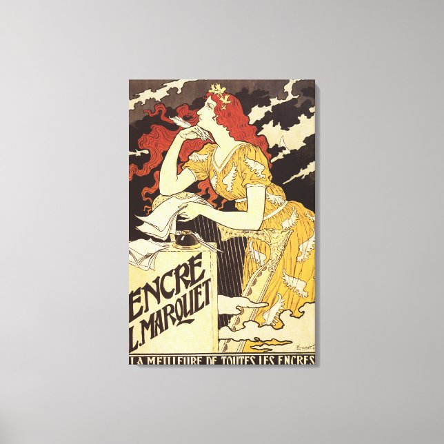 L. Marquet Ink Red-Headed Woman & Harp Canvas Print (Front)