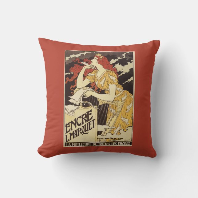 L. Marquet Ink Red-Headed Woman & Harp Cushion (Front)