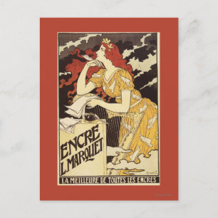L. Marquet Ink Red-Headed Woman & Harp Postcard