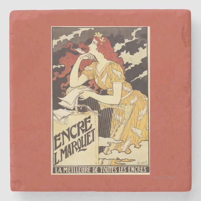L. Marquet Ink Red-Headed Woman & Harp Stone Coaster (Front)