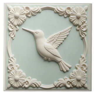L Mint green faux relief Art Nouveau Hummingbird  Tile