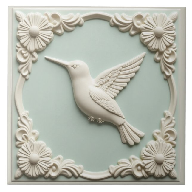 L Mint green faux relief Art Nouveau Hummingbird  Tile (Front)