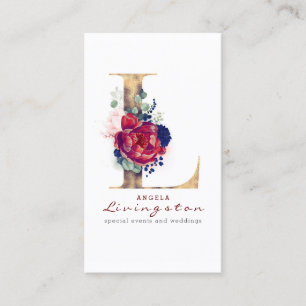 L Monogram Burgundy Gold and Navy Blue Floral Business Card