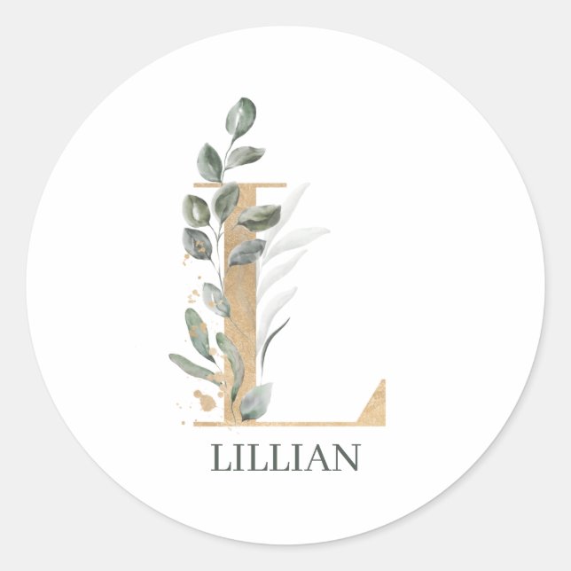 L Monogram Floral Personalised Classic Round Sticker (Front)
