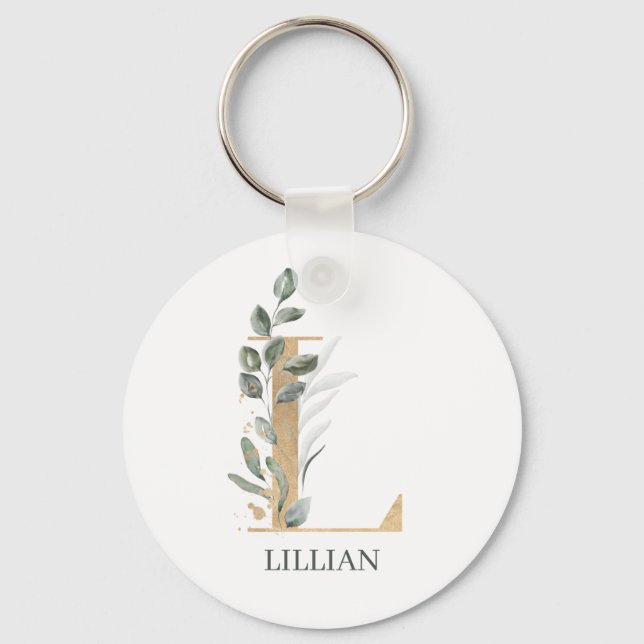 L Monogram Floral Personalized Keychain (Front)
