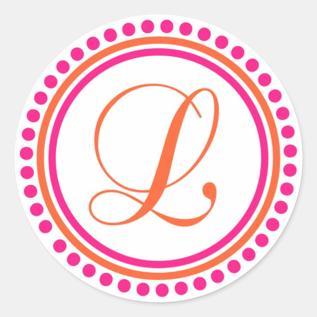 L Monogram (Pink / Orange Dot Circle) Classic Round Sticker (Front)