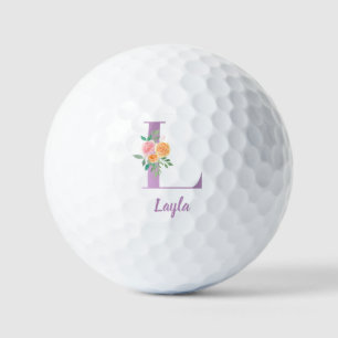 L Monogram Purple Floral Watercolor Personalised Golf Balls
