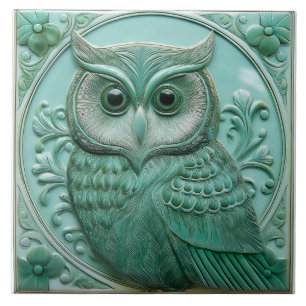 L Sage green faux relief Art Nouveau Owl Tile
