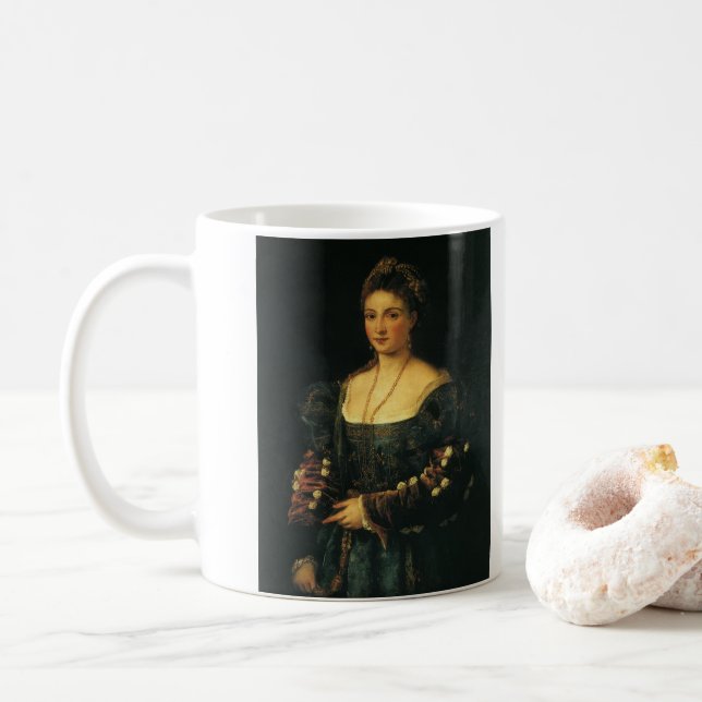 La Bella, Duchess of Urbino by Titian Coffee Mug (With Donut)
