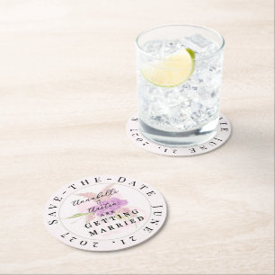 La Boca Vendretti pink Bow Bouquet Save-the-Date  Round Paper Coaster