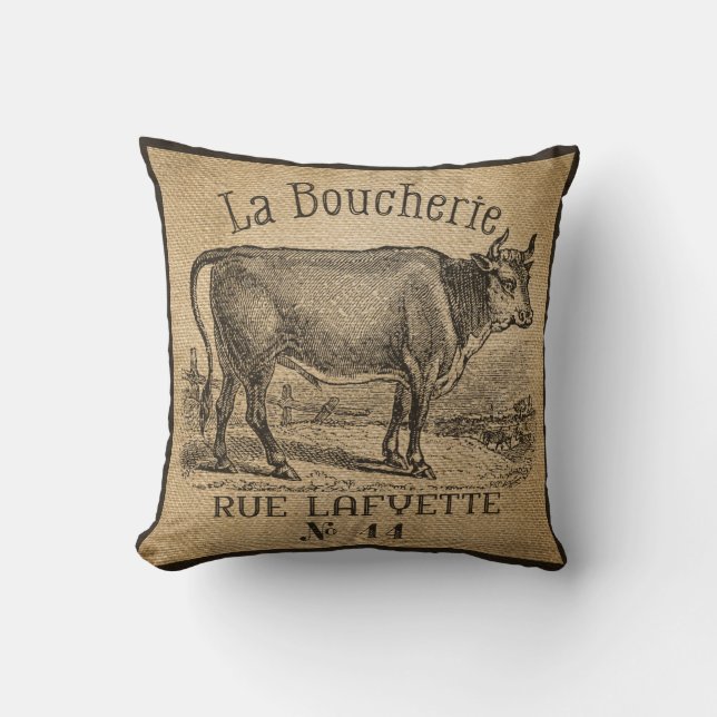 La Boucherie French Cow Burlap Vintage Cushion (Front)