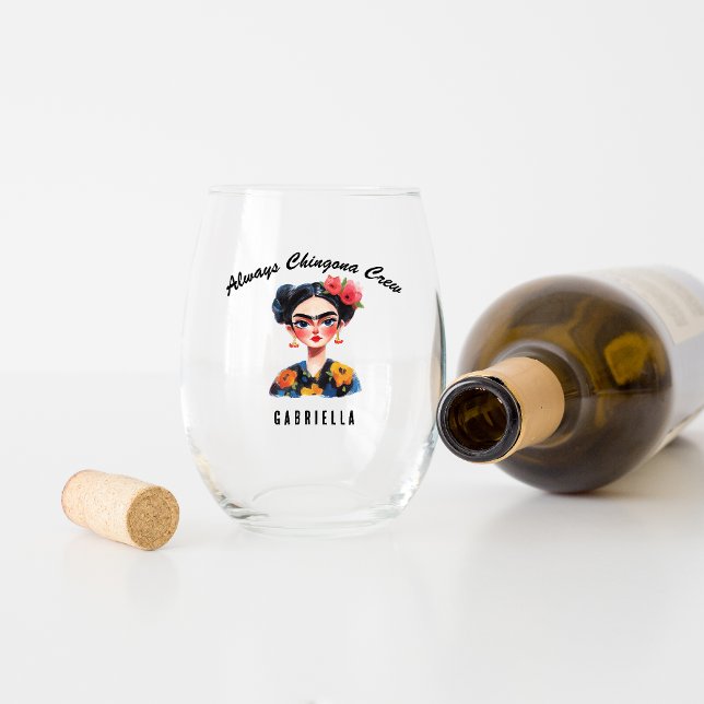 La Cabrona Jefa + Chingona Crew | Bachelorette Stemless Wine Glass (Creator Uploaded)