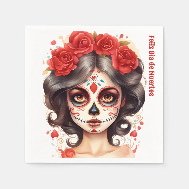 La Calavera Catarina💀 en Flores Rojas 🌹 Napkin (Front)