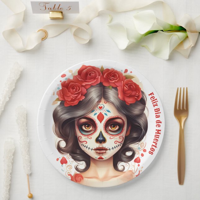 La Calavera Catarina💀 en Flores Rojas 🌹 Paper Plate (Wedding)