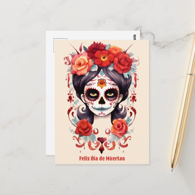 La Calavera Catarina en Flores Rojas Postcard (Front/Back In Situ)