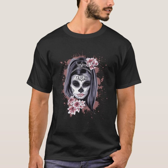 La Calavera Catrina Halloween Candy Sugar Skull T-Shirt (Front)