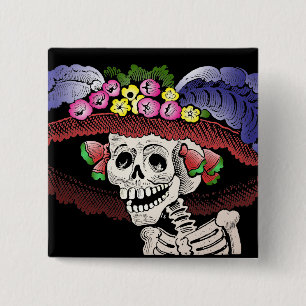 La Calavera Catrina in color 15 Cm Square Badge